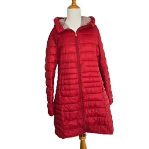 Save the Duck Ethical Ultra Light Jacket Parka Red Vegan Hooded Women L/XL